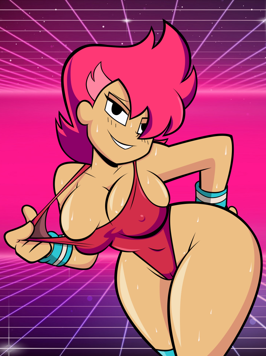 1girl breasts cleavage female_only grimphantom leotard ok_k.o.!_let's_be_heroes red_action red_hair shiny shiny_skin short_hair sweat wide_hips