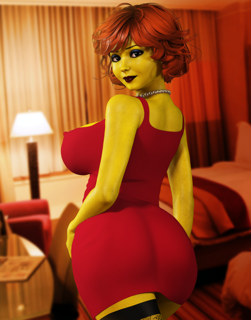 1_girl 3d ass bed bedroom big_ass big_breasts black_eyes breasts brown_hair dress female female_only indoors looking_at_viewer looking_back maude_flanders milf rasmus-the-owl solo standing the_simpsons yellow_skin