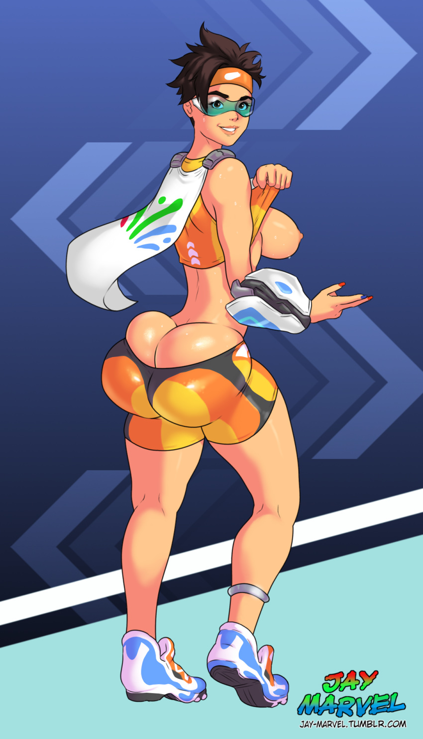 artist_name ass big_ass big_breasts booty_shorts breasts breasts_outside brown_eyes brown_hair cape deep_skin erect_nipples full_body glasses headband huge_ass jay-marvel legs looking_at_viewer looking_back nipples overwatch shirt_lift short_hair shorts smile sweat tan_hair tease tight_clothes tight_fit tracer_(overwatch)