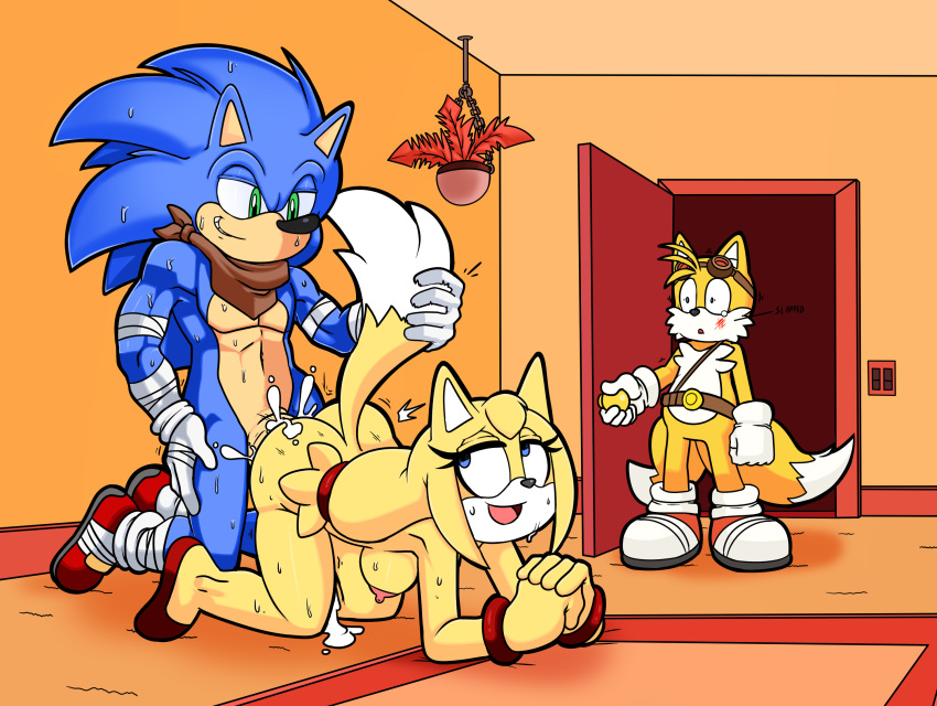 1girl anthro big_breasts breasts canine dreamcastzx1 escopeto fox furry hedgehog huge_penis male mammal miles_"tails"_prower muscular penis sega sonic_boom sonic_the_hedgehog zooey_the_fox