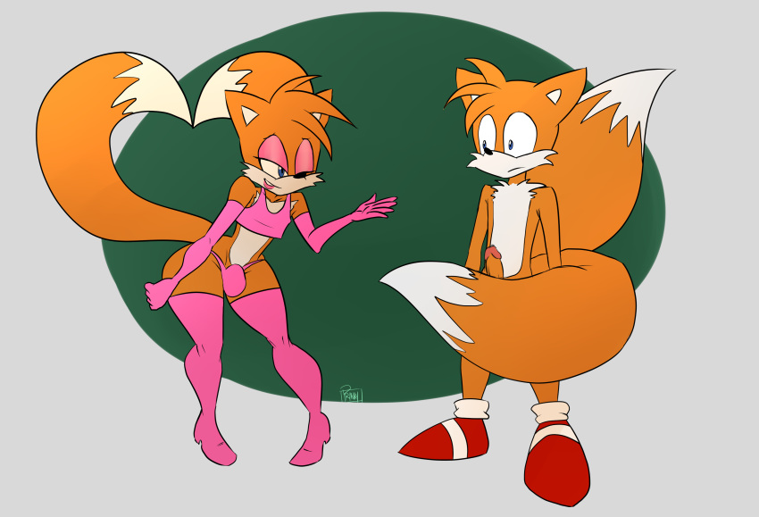 anthro arm_length_gloves boots canine clothing erection footwear fox furry girly gloves heart legwear mammal miles_"tails"_prower multi_tail penis pranky pranky_(artist) sega shirt tank_top thigh_high_boots