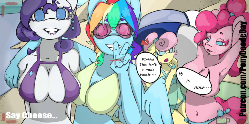 anthro anthrofied armpits beach bikini blue_eyes blue_feathers breasts cleavage clothed clothing convenient_censorship day dialogue digital_media_(artwork) earth_pony english_text equine feathered_wings feathers fluttershy friendship_is_magic furry group hair horn horse looking_at_viewer mammal mane multicolored_hair my_little_pony navel nude open_mouth pegasus pink_hair pinkie_pie pony ponydoodleday purple_hair rainbow_dash rainbow_hair rarity seaside speech_bubble swimsuit teeth text topless unicorn wings