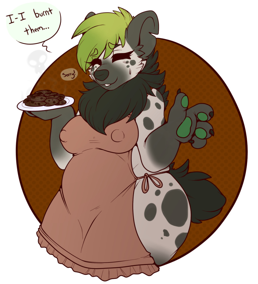 1girl 1girl 4_fingers anthro apron closed_eyes clothed clothing cookie dialogue english_text food fur furry green_hair green_pawpads hair high_res hyena mammal markings napalm_(artist) neck_tuft nipples partially_clothed pawpads simple_background slightly_chubby smile text tuft