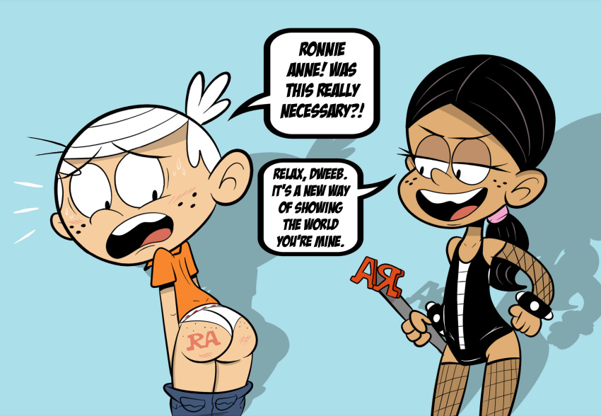 bent_over black_hair blush butt female freckles human lincoln_loud looking_back male pants_down ponytail ronnie_anne_santiago scobionicle99 short_hair smile sweat the_loud_house white_hair