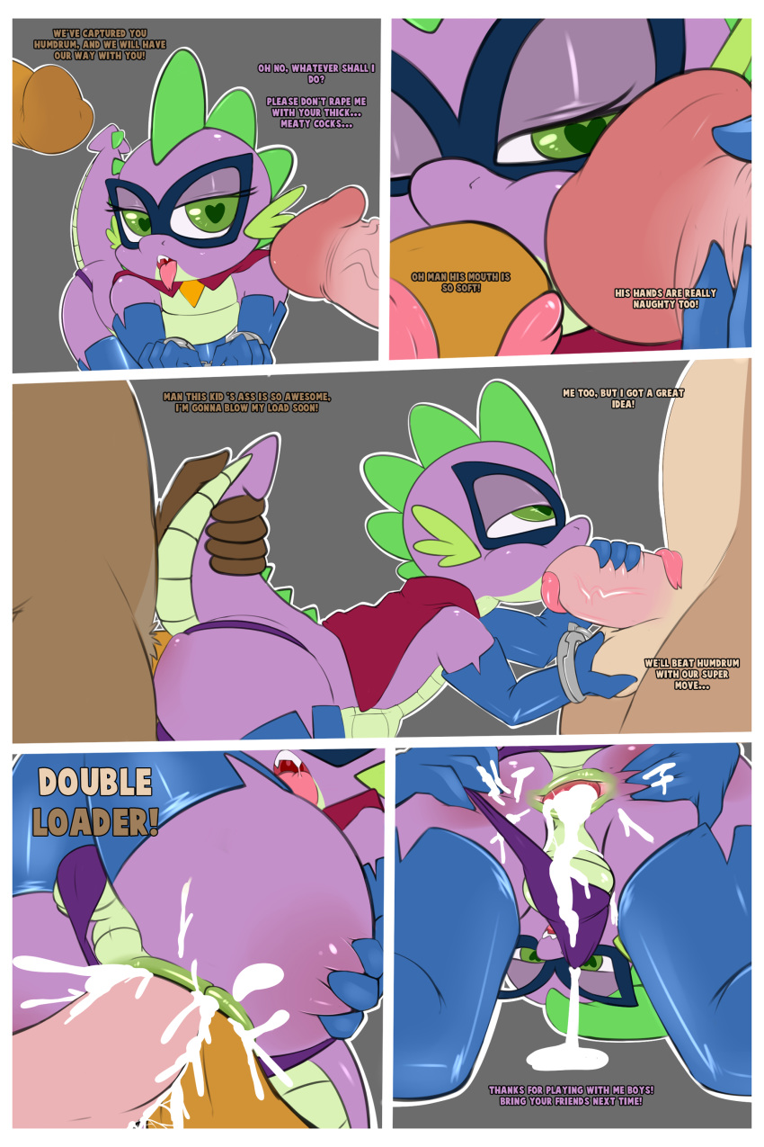 2016 absurd_res anal ass comic cosplay cum cum_inside double_anal dragon fellatio friendship_is_magic gaping girly handcuffs handjob heart heart-shaped_pupils highres humdrum_(mlp) male male/male my_little_pony oral saurian_(artist) sex shackles spike_(mlp)