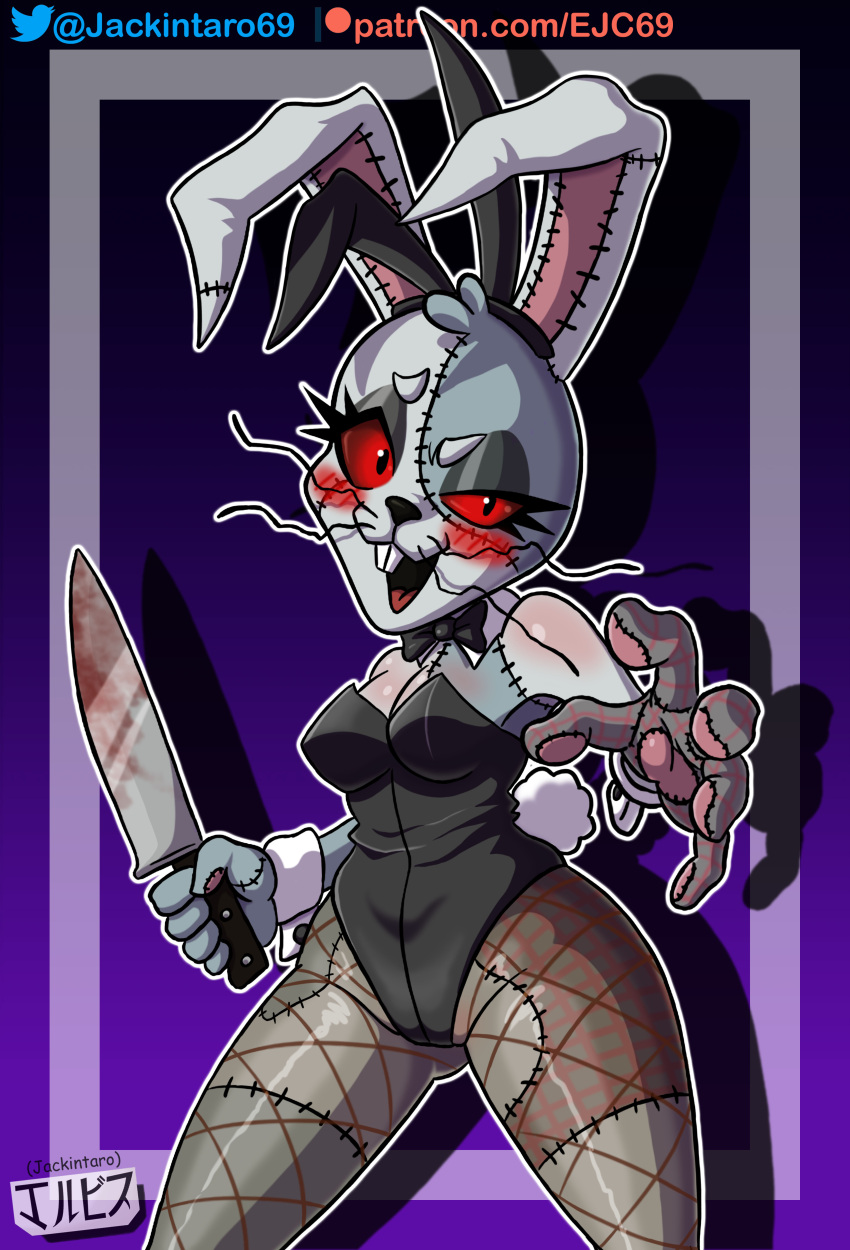 blood blush bunny_costume bunny_ears bunny_girl bunnysuit digital_media_(artwork) five_nights_at_freddy's five_nights_at_freddy's:_security_breach furry human jackintaro knife looking_at_viewer open_mouth red_eyes scottgames simple_background smile teeth vanny_(fnaf) whiskers white_body