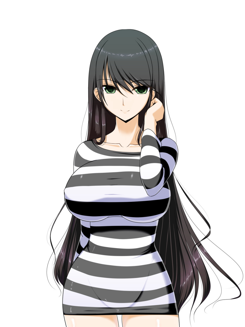 1girl bangs black_hair breasts collarbone curvy durarara!! ears female green_eyes groin hair_between_eyes hair_tousle hair_tucking highres hips huge_breasts impossible_clothes impossible_shirt long_hair long_image long_sleeves looking_at_viewer mound_of_venus shiny shiny_clothes shiny_hair shiny_skin shirt shuz_(dodidu) simple_background smile solo standing striped striped_shirt sweater_dress swept_bangs tall_image taut_clothes taut_shirt thigh_gap transparent_background very_long_hair wide_hips yagiri_namie