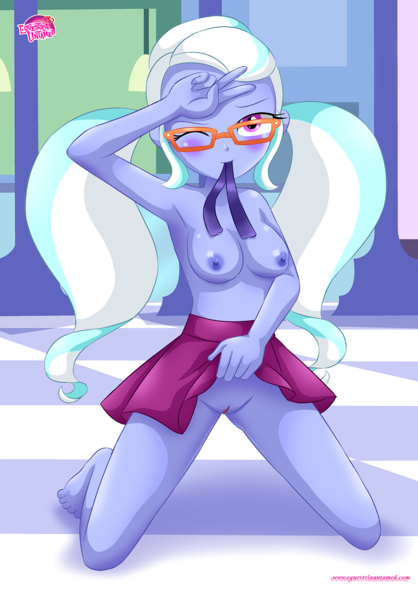 1girl barefoot bespectacled blush breasts cute equestria_girls equestria_untamed female female_only friendship_is_magic glasses hairless_pussy indoors kneeling long_hair looking_at_viewer miniskirt my_little_pony naked_skirt no_bra no_panties no_panties_under_skirt no_underwear on_knees one_eye_closed purple_eyes pussy skirt skirt_lift skirt_lifted_by_self skirt_only solo_female sugarcoat topless twin_tails v white_hair