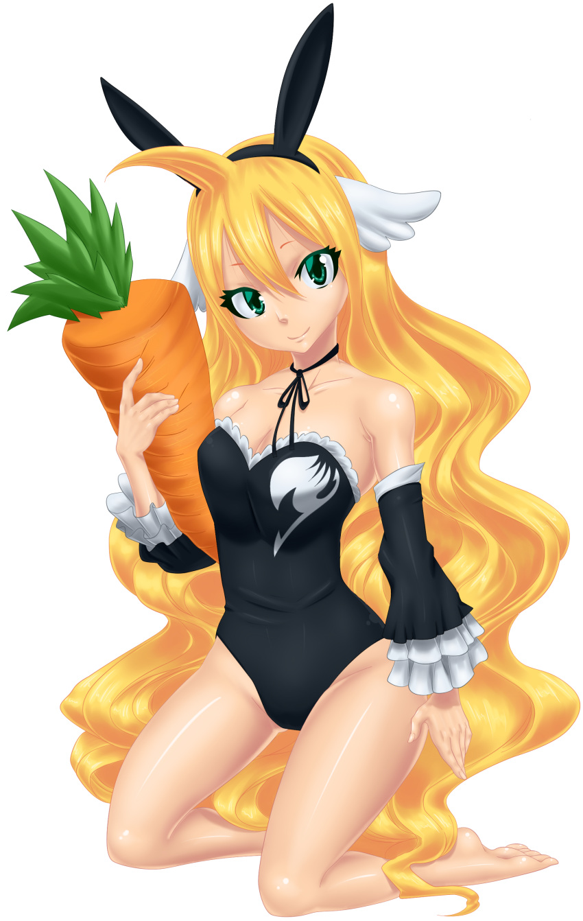 big_breasts breasts bunny_ears bunnysuit carrot cleavage fairy_tail female food mavis_vermilion planeptune smile solo