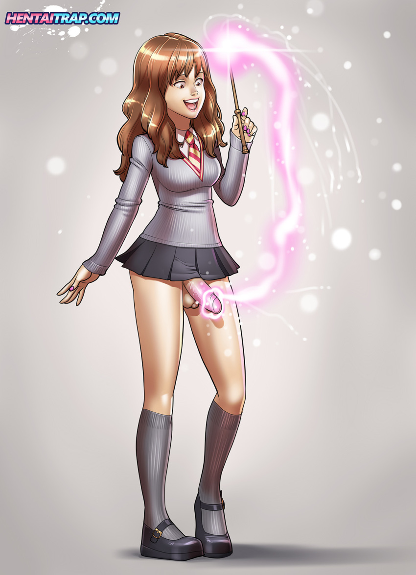 big_breasts big_testicles breasts brown_eyes brown_hair erection female foreskin futanari hair harry_potter hermione_granger intersex looking_down magic nail_polish open_mouth penis school_uniform smile solo tekuho_(artist) testicles tongue wand