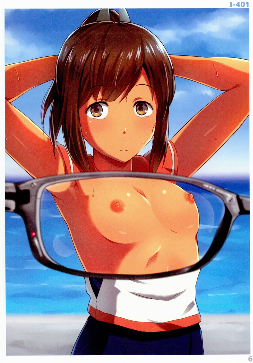 1girl 1girl arms_behind_back arms_up blue_sky blue_swimsuit breasts brown_eyes brown_hair character_name closed_mouth dark_skin day expressionless high_resolution i-401_(kantai_collection) kanden_suki kantai_collection large_filesize looking_at_viewer nipples ocean one-piece_swimsuit page_number ponytail pov shirt short_hair sky small_breasts sukumizu sweatdrop swimsuit tied_hair upper_body very_high_resolution water white_shirt x-ray x-ray_glasses x-ray_vision