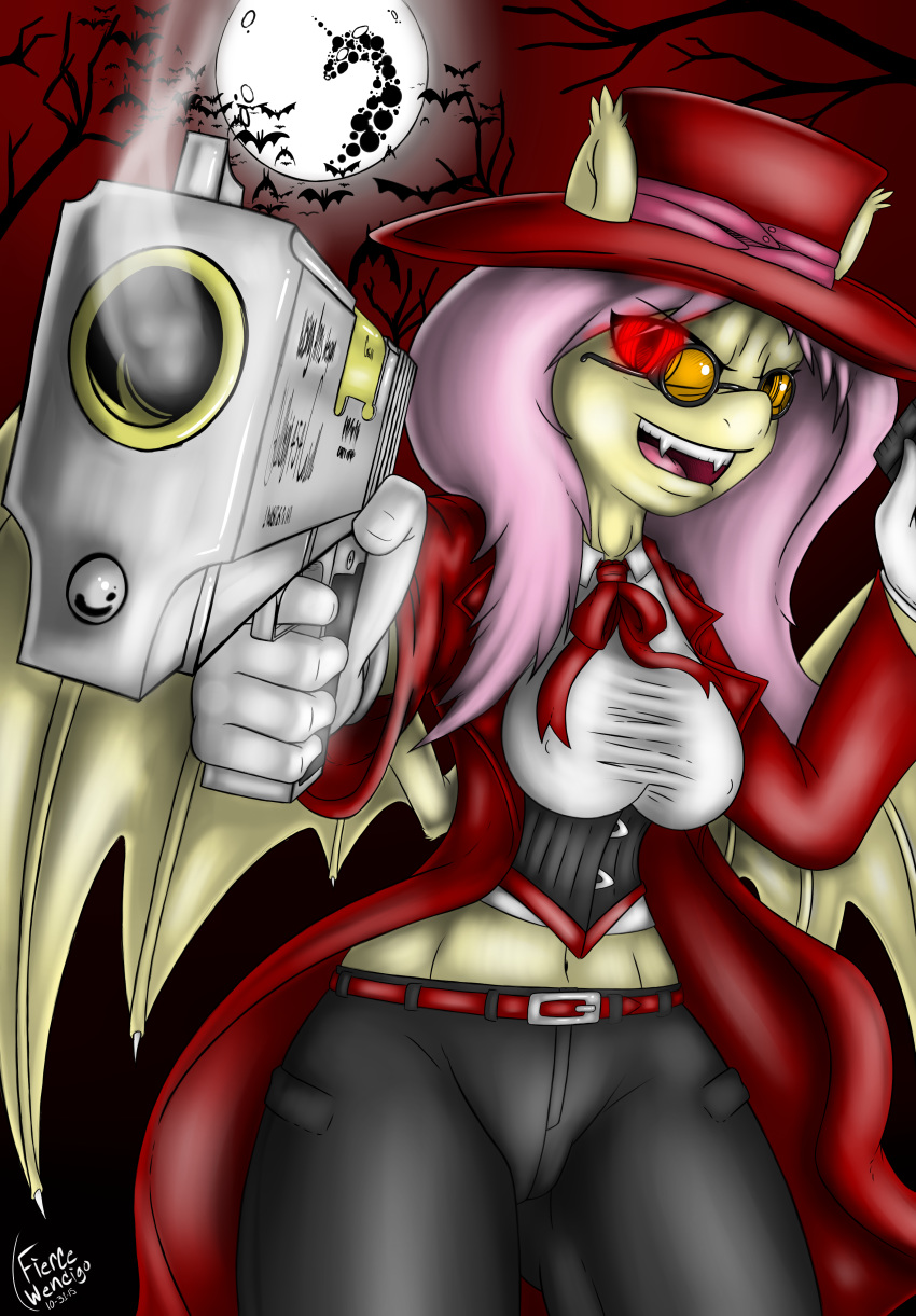 1girl 2015 absurd_res alucard_(hellsing) anthro bat bat_pony bat_wings belt clothed clothing crossover english_text equine eyewear fierce_wendigo_(artist) flutterbat_(mlp) fluttershy_(mlp) friendship_is_magic furry glasses glowing glowing_eyes group gun hat high_res mammal membranous_wings moon my_little_pony navel open_mouth pants ranged_weapon ribbons signature smoke solo_focus teeth text tongue weapon wings