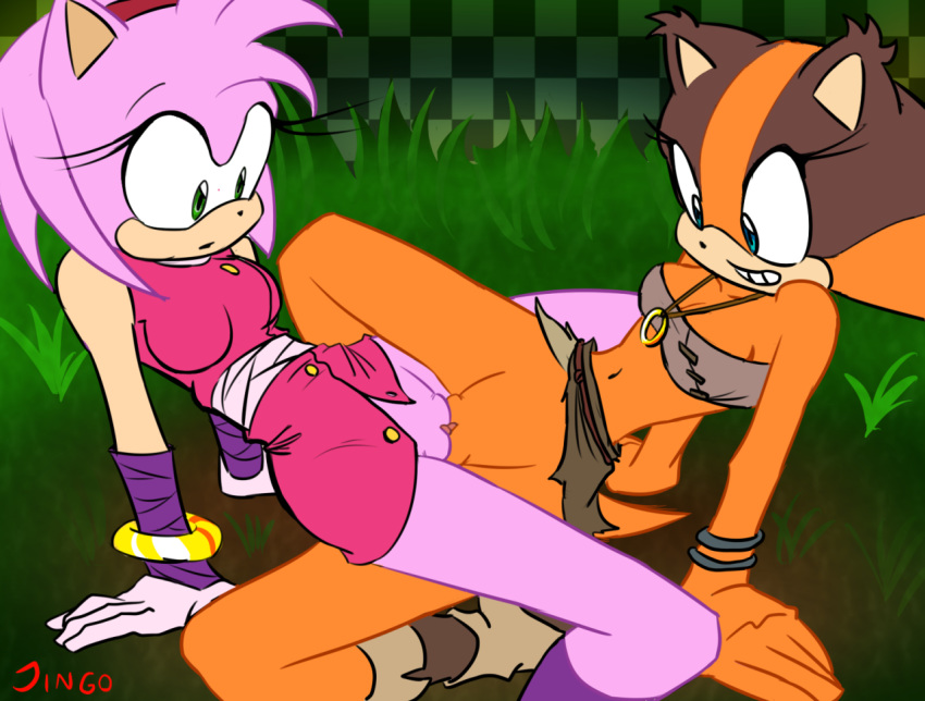 2_girls 2girls amy_rose anthro badger bottomless breasts captainjingo clothed clothing duo female female/female female_only furry hedgehog jingo mammal mustelid pussy scissoring sega sex sonic_(series) sonic_boom sticks_the_jungle_badger tribadism yuri