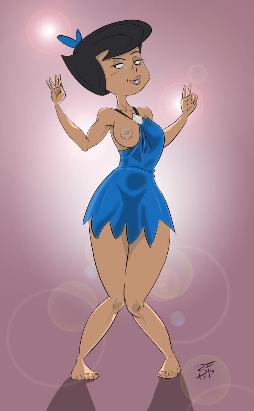 1girl absurdres areolae barefoot betty_rubble big_breasts black_hair blackfoxx blue_dress breasts cartoon cartoon_milf feet female full_body gesture hairbow hanna-barbera highres human lens_flare lipstick medium_breasts nipple nipples one_breast_out photoshoot pigeon-toed pink_lipstick pose posing short_hair signature smile solo standing the_flintstones toes tv v