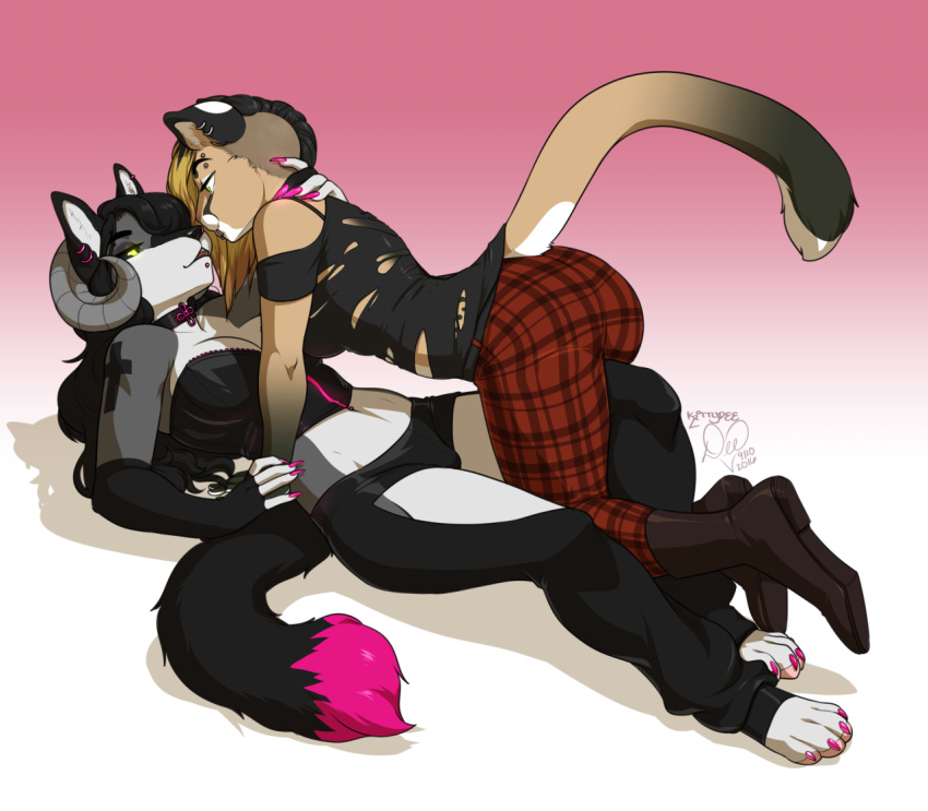 1girl anthro bedroom_eyes breasts canine clothed clothing collar duo ear_piercing feline female/female furry gradient_background half-closed_eyes horn hybrid kittydee lying mammal on_back piercing seductive simple_background smile torn_clothes