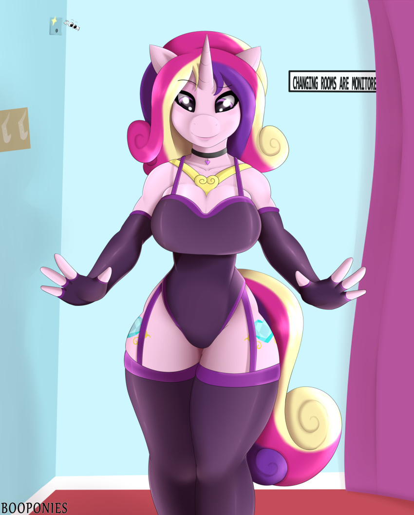 1girl anthro booponies breasts cameltoe choker cleavage clothing cute cutie_mark elbow_gloves english_text equine female fingerless_gloves friendship_is_magic furry garter_belt garters gloves heart horn horse indoors large_breasts lingerie long_hair looking_at_viewer multicolored_hair my_little_pony pony ponytail pose princess_cadance purple_eyes smile solo standing tail text thighhighs unicorn voyeur wide_hips