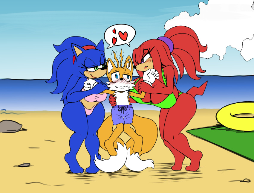 1girl absurd_res anthro big_breasts bikini blush breasts canine clothing crossgender echidna fox furry group hairband heart hedgehog highres knuckles_the_echidna male mammal michiyoshi miles_"tails"_prower mobian_(species) monotreme multi_tail sega sonic_the_hedgehog soulteam swimsuit wide_hips