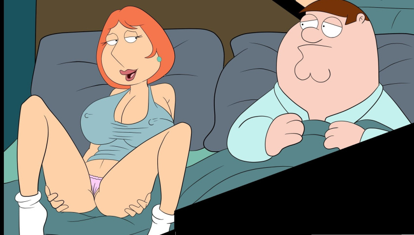 bed breasts crocsxtoons_(artist) family_guy horny huge_breasts lingerie lois_griffin nipples panties peter_griffin socks spread_legs
