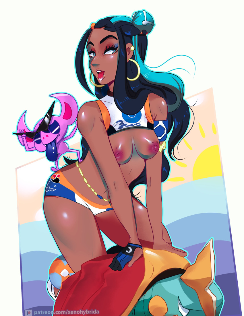 1_girl 1girl ambiguous_gender breasts dark-skinned_female dark_skin drednaw earrings exposed_breasts female female_human hoop_earrings impidimp long_hair nessa_(pokemon) open_mouth partially_clothed patreon_username pokemon shorts sleeveless sunglasses tongue_out