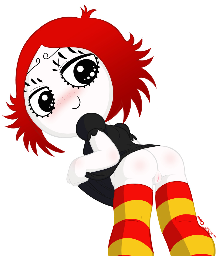 1girl ass black_dress black_eyes blush freckles from_below grin half-closed_eyes looking_at_viewer looking_down no-ink pale_skin pussy red_hair ruby_gloom ruby_gloom_(character) short_hair stockings upskirt white_background