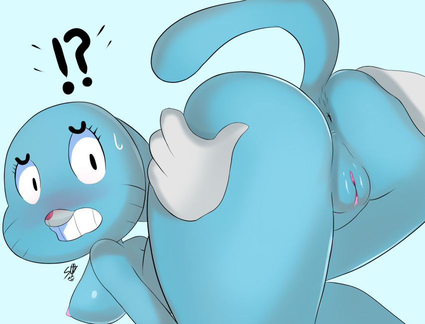 ! 1girl ? anthro anus ass bent_over big_breasts blue_fur blush breasts butt_grab cartoon_network disembodied_hand feline fur furry hand_on_butt mammal mature_female milf nicole_watterson nipples parent presenting presenting_pussy pussy scrabble007 smile the_amazing_world_of_gumball