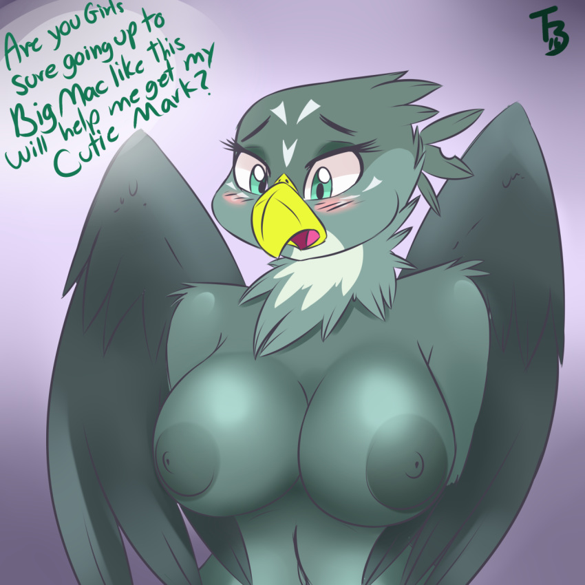 1girl 2016 anthro anthrofied areola avian beak big_breasts bird blush breasts dialogue english_text feathered_wings feathers friendship_is_magic fur furry gabby_(mlp) high_res john_sheppard my_little_pony nipples text wings
