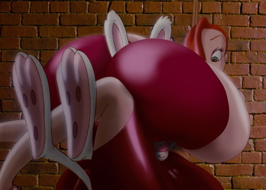 1boy breast_expansion butt_expansion disney earrings gigantic_ass gigantic_breasts green_eyes husband_and_wife jessica_rabbit kecomaster photoshop red_dress red_hair roger_rabbit who_framed_roger_rabbit