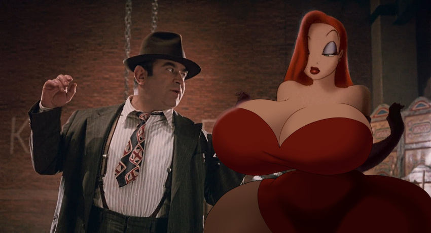 1boy breast_expansion butt_expansion disney earrings eddie_valiant gigantic_ass gigantic_breasts green_eyes jessica_rabbit kecomaster photoshop red_dress red_hair who_framed_roger_rabbit