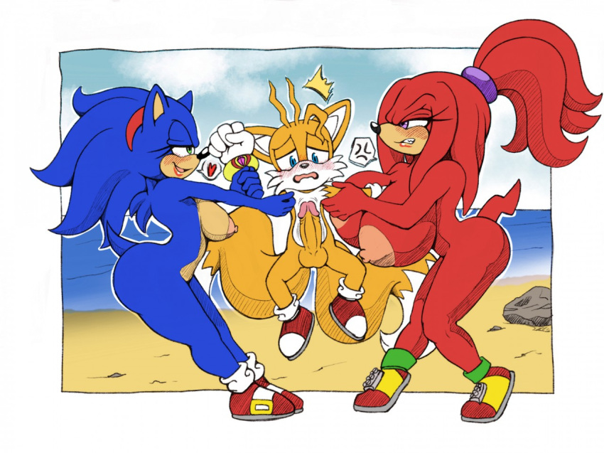 1girl absurd_res anthro ass big_ass big_breasts big_penis bikini blush breasts canine clothing crossgender echidna fox furry group hairband heart hedgehog highres knuckles_the_echidna male mammal michiyoshi miles_"tails"_prower mobian_(species) monotreme multi_tail penis sega sonic_the_hedgehog soulteam swimsuit wide_hips