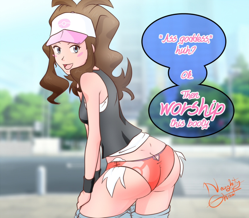 :d ass blush cute deviantart female female_only hilda hilda_(pokemon) human looking_at_viewer looking_back naughtyghost outdoors outside panties pants_down pink_panties pokemon pokemon_(game) pokemon_bw print_panties printed_panties red_panties signature solo touko_(pokemon) tumblr