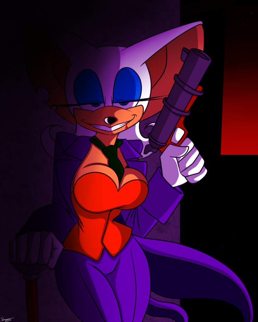 1girl 1girl 2014 anthro bat big_breasts blood breasts cleavage clothed clothing furry gun mammal ranged_weapon rouge_the_bat sega smile supersonicrulaa weapon