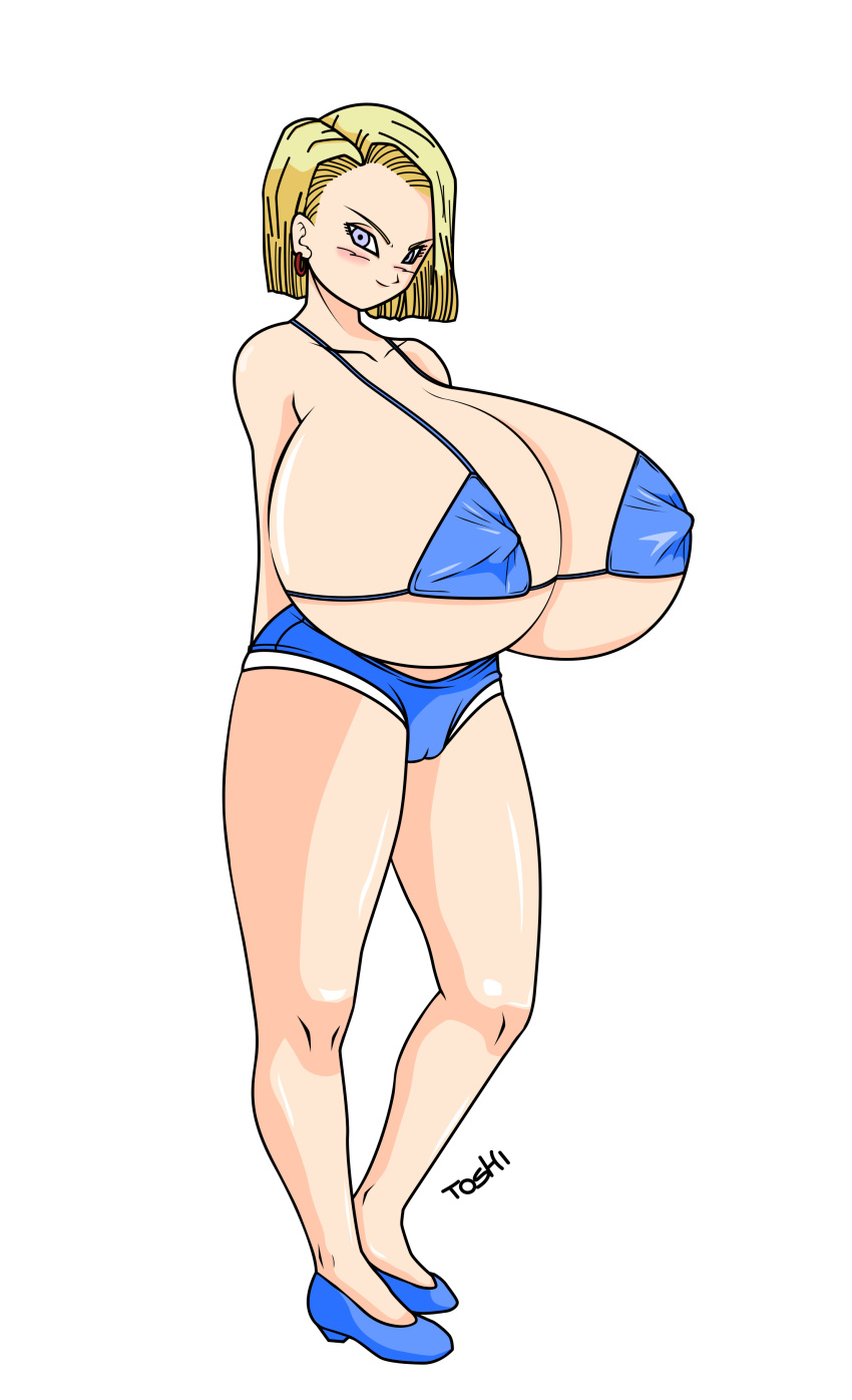 android_18 bikini_top breasts cameltoe dragon_ball dragon_ball_z huge_breasts milf swimsuit toshiso_(artist)
