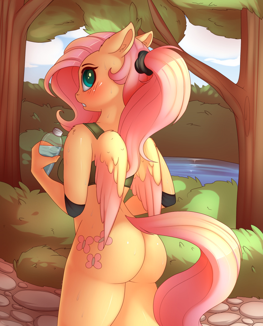 1girl 1girl 2016 absurd_res anthro anthrofied ass blush bottle bottomless clothed clothing cutie_mark day detailed_background edit equine evehly feathered_wings feathers fluttershy_(mlp) friendship_is_magic furry hair high_res holding_object long_hair mammal my_little_pony outside pegasus pink_feathers pink_hair ponytail tree water wings