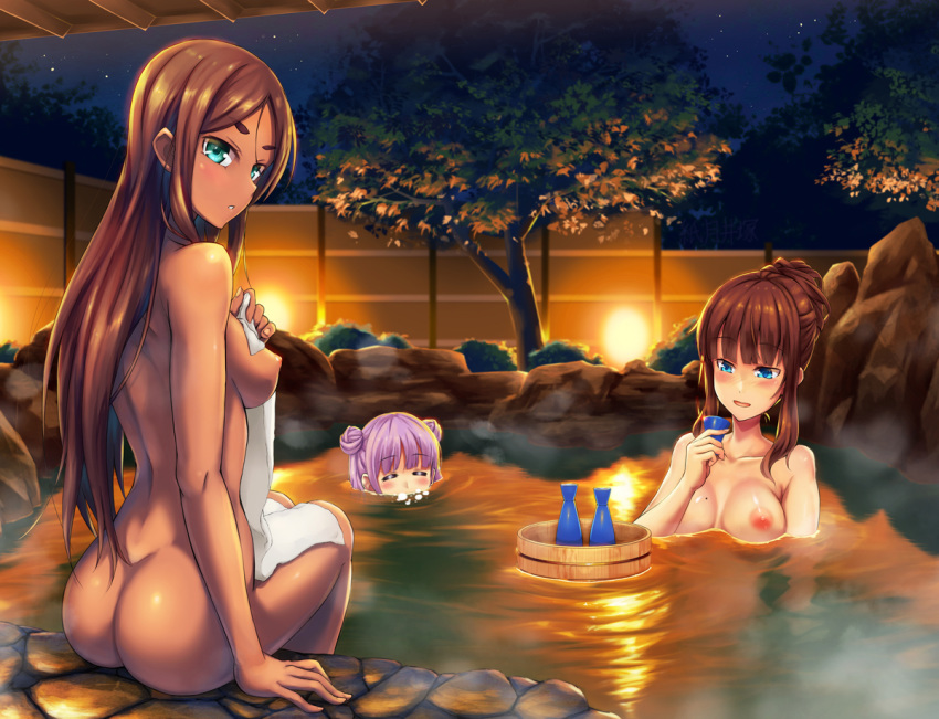 3_girls 3girls ahagon_umiko air_bubble arm_at_side ass bangs bathing blunt_bangs blush breasts brown_hair bucket clavicle cup double_bun eyebrows eyebrows_visible_through_hair floating_object from_behind green_eyes holding holding_cup hot_spring jug light-skinned_female light_skin long_hair looking_back medium_breasts multiple_girls new_game! night night_sky nighttime nipples nude onsen outside partially_submerged pink_hair plant pool poolside rock shigatsu_itsuka short_hair sidelocks sitting sky soaking_feet springs star_(sky) steam suzukaze_aoba takimoto_hifumi thick_eyebrows towel tree very_long_hair water wooden_bucket