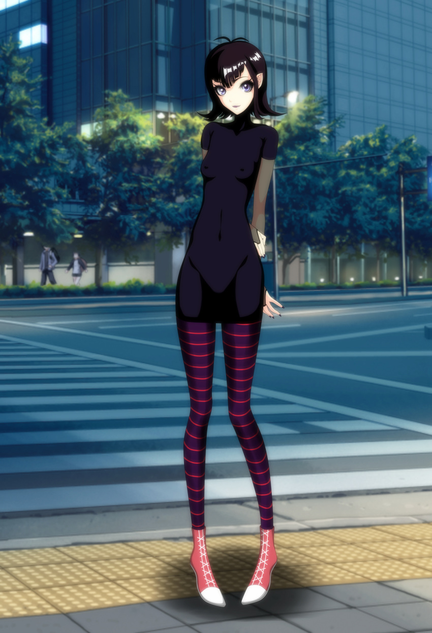 1_girl 1girl black_hair black_nails blue_eyes clothed clothed_female clothes clothing dress elbow_gloves female female_only gloves hotel_transylvania mavis_dracula nail_polish non-nude pointy_ears shoes solo standing stockings thighhighs uncensored vampire zimu_jiang