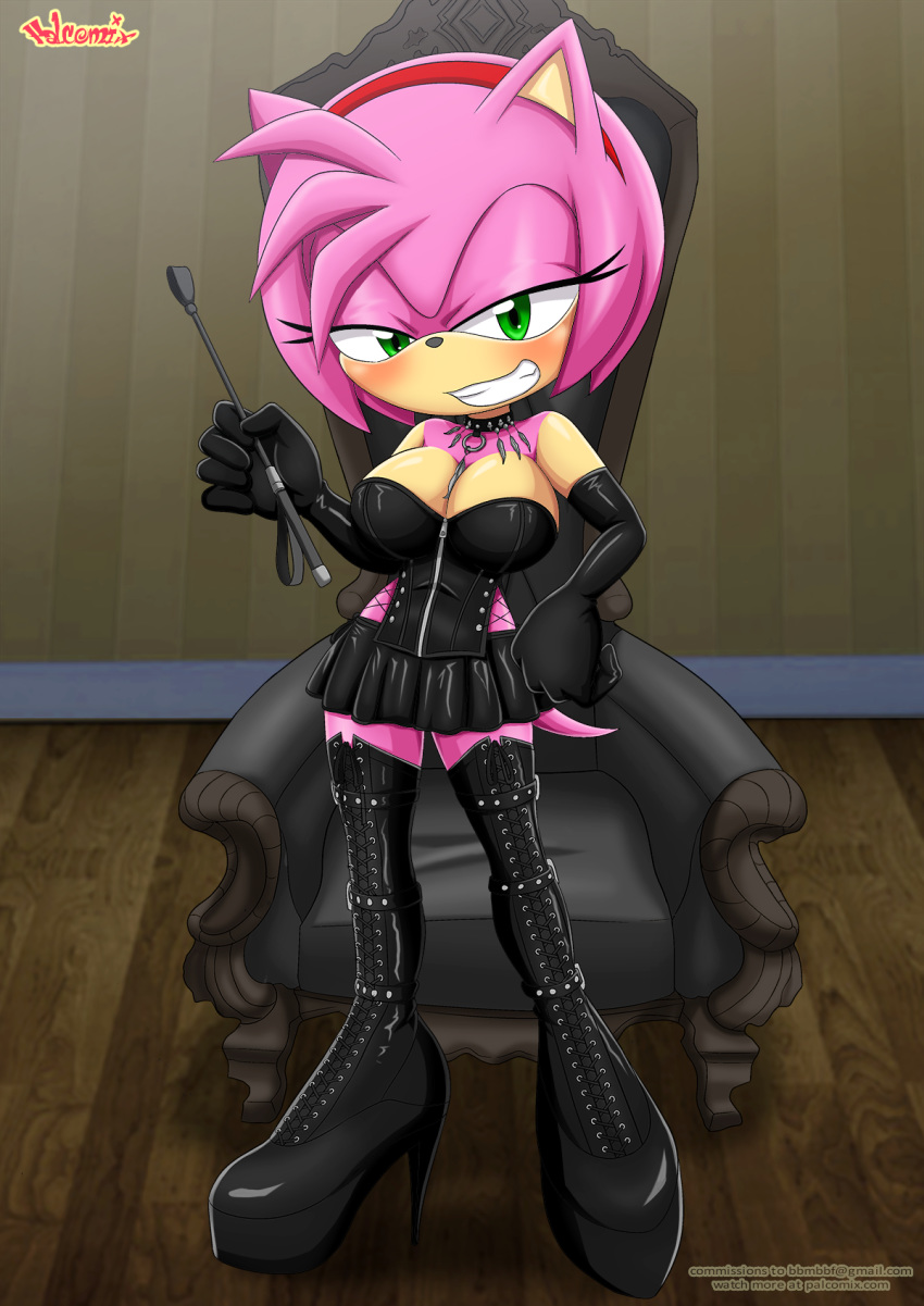 amy_rose bbmbbf blush chair corset dominatrix green_eyes mobius_unleashed palcomix pietro's_secret_club pink_hair riding_crop sega skirt smile sonic_(series) sonic_the_hedgehog_(series) thigh_high_boots