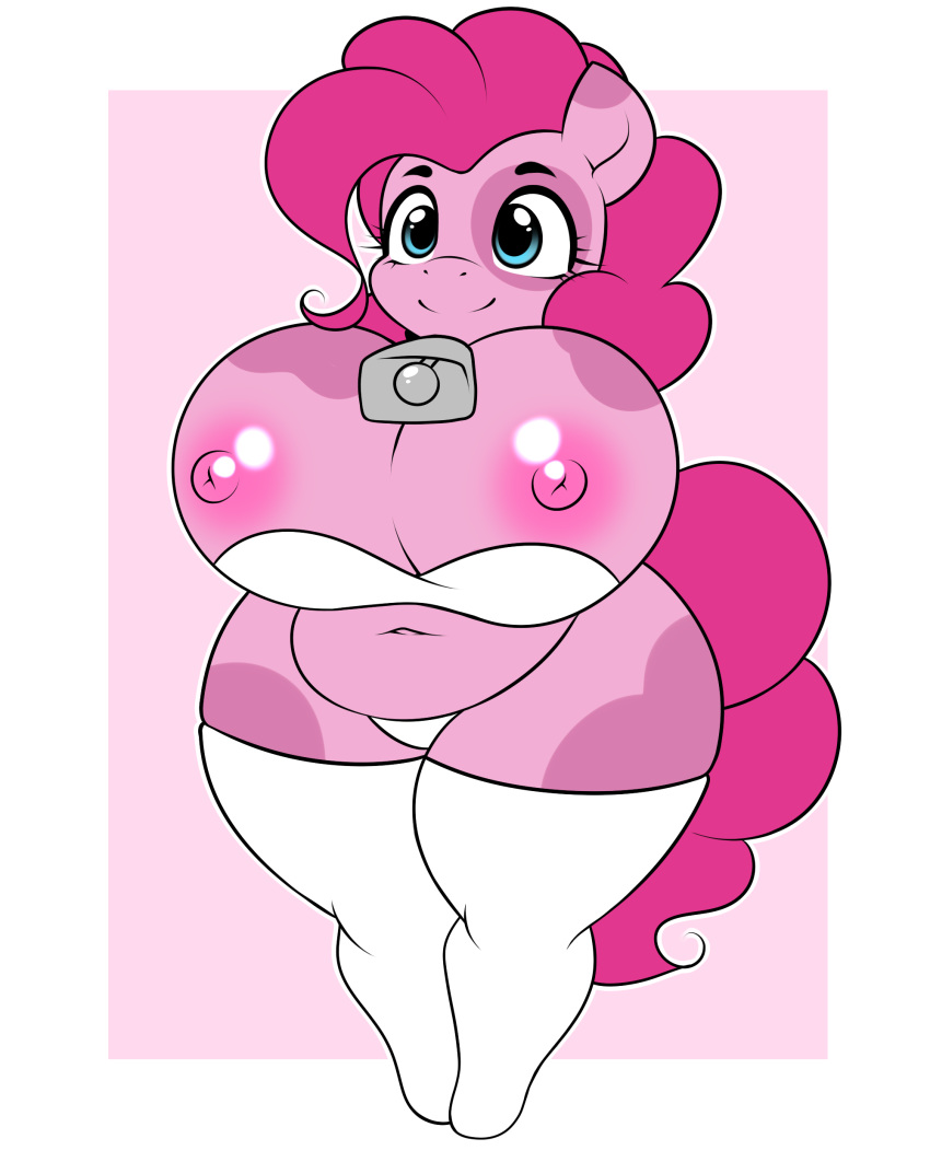 1girl 1girl 2017 anthro anthrofied areola bell big_breasts blue_eyes breasts clothing collar equine friendship_is_magic furry horse kloudmutt legwear mammal my_little_pony nipples panties pinkie_pie_(mlp) pony slightly_chubby stockings underwear