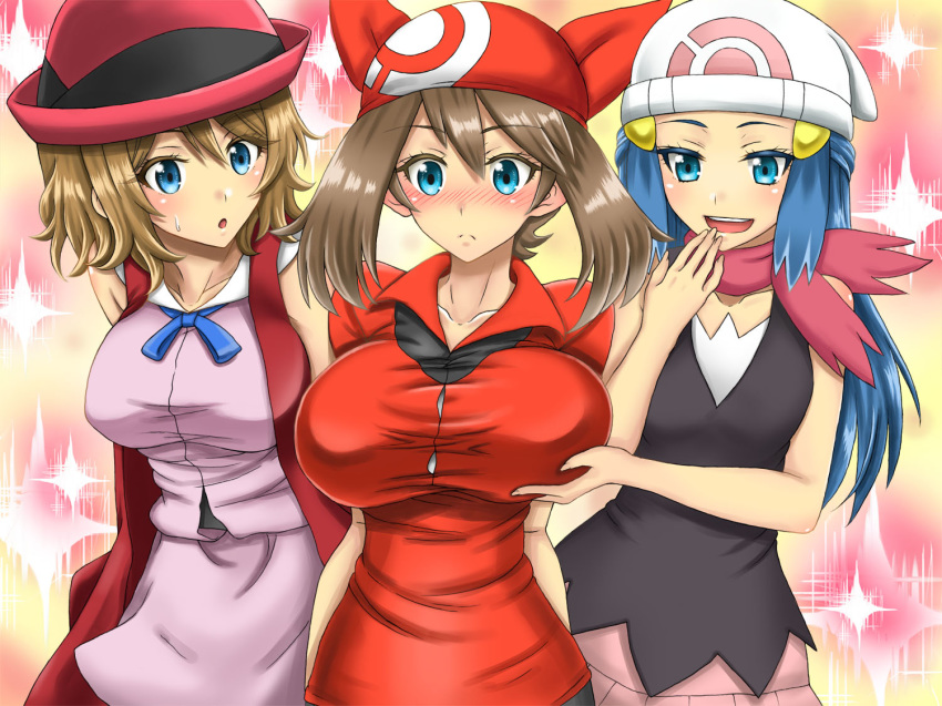 3girls alluring big_breasts blush breasts dawn haruka_(pokemon) hikari_(pokemon) may medium_breasts multiple_girls pokemon pokemon_xy serena serena_(pokemon) small_breasts
