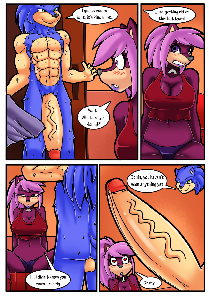 1boy 1girl anthro big_breasts breasts comic dreamcastzx1 furry hedgehogs huge_penis joykill male penis sega sonia_the_hedgehog sonic_(series) sonic_the_hedgehog sonic_underground text