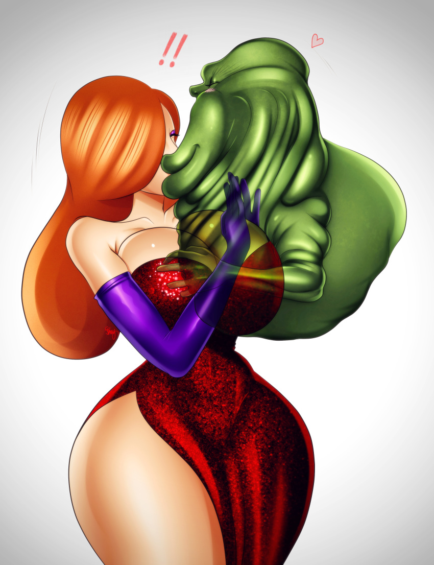big_breasts breasts cleavage crossover disney dress ghostbusters jassycoco jessica_rabbit kissing slimer who_framed_roger_rabbit