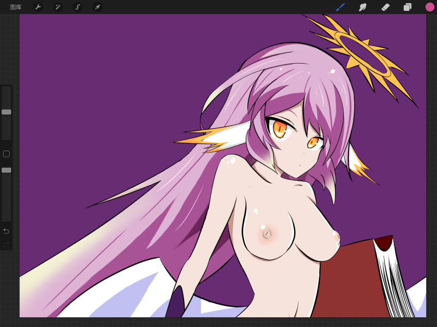 1girl 1girl 4:3_aspect_ratio areola bare_shoulders big_breasts breasts female_only golden_eyes high_resolution jibril_(no_game_no_life) long_hair looking_at_viewer nipples no_game_no_life purple_hair topless