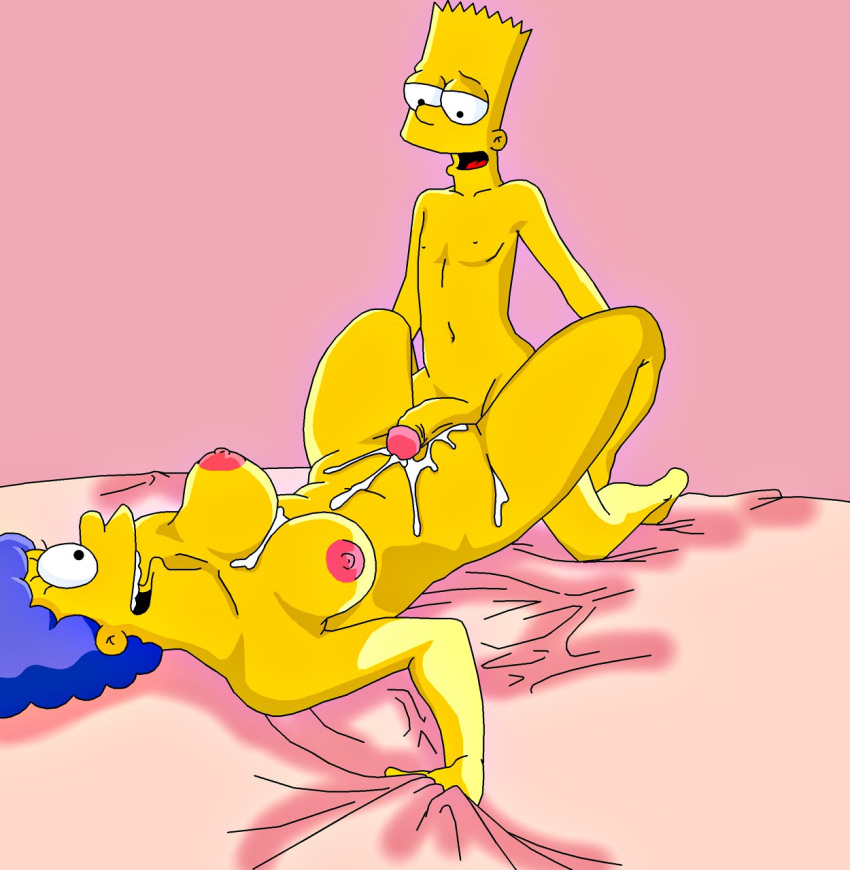 after_sex bart_simpson big_breasts blue_hair breasts child cum cum_on_body evilweazel_(artist) incest marge_simpson mother's_duty mother_and_son nude penis shota shotacon the_simpsons yellow_skin