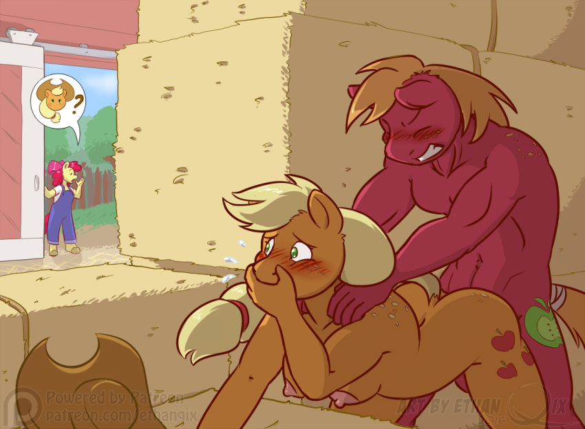 1boy 2016 2girls anthro anthrofied apple_bloom applejack bale_of_hay barn big_macintosh blush breasts brother brother_and_sister covering_mouth cowboy_hat cutie_mark equine ethanqix freckles friendship_is_magic furry hat horse incest male male/female mammal my_little_pony nipples nude pony sex sibling sister stealth_sex tail_wraps walk-in wraps