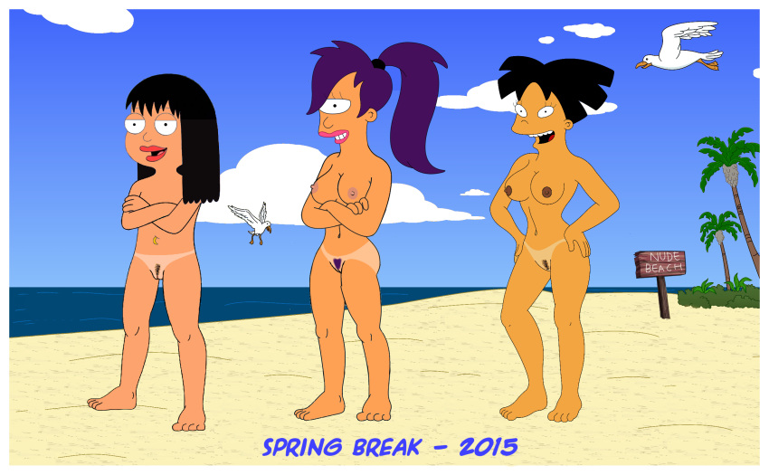 american_dad amy_wong breasts futurama hayley_smith nude nude_beach pussy spider-matt spring_break tan_line turanga_leela
