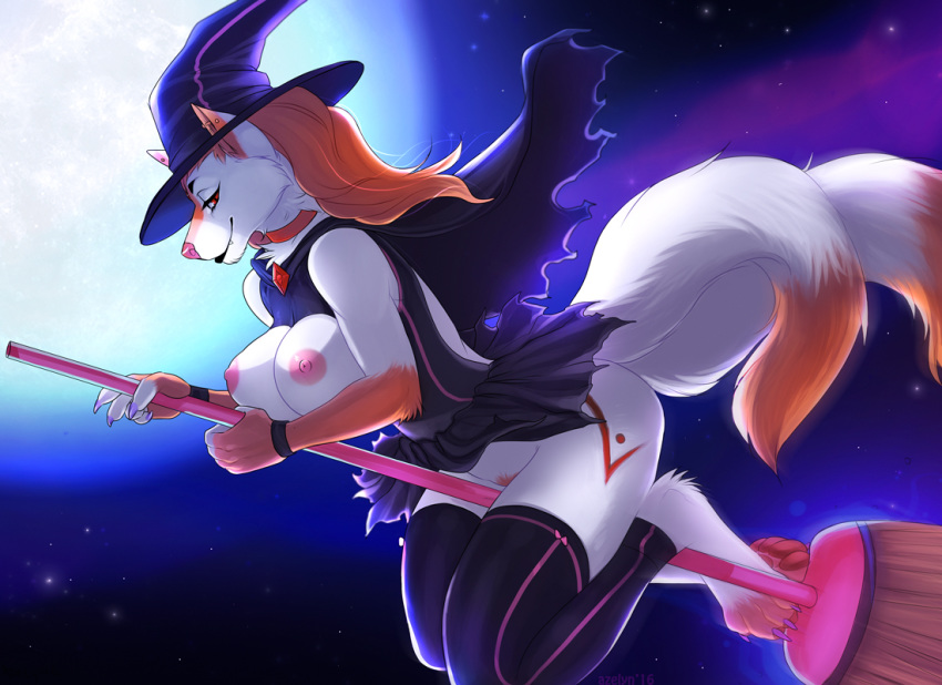 1girl 2016 anthro azelyn breasts broom canine cape clothing dog flying furry hat husky legwear magic_user mammal moon night nipples pubic_hair red_eyes smile stockings tattoo witch witch_hat