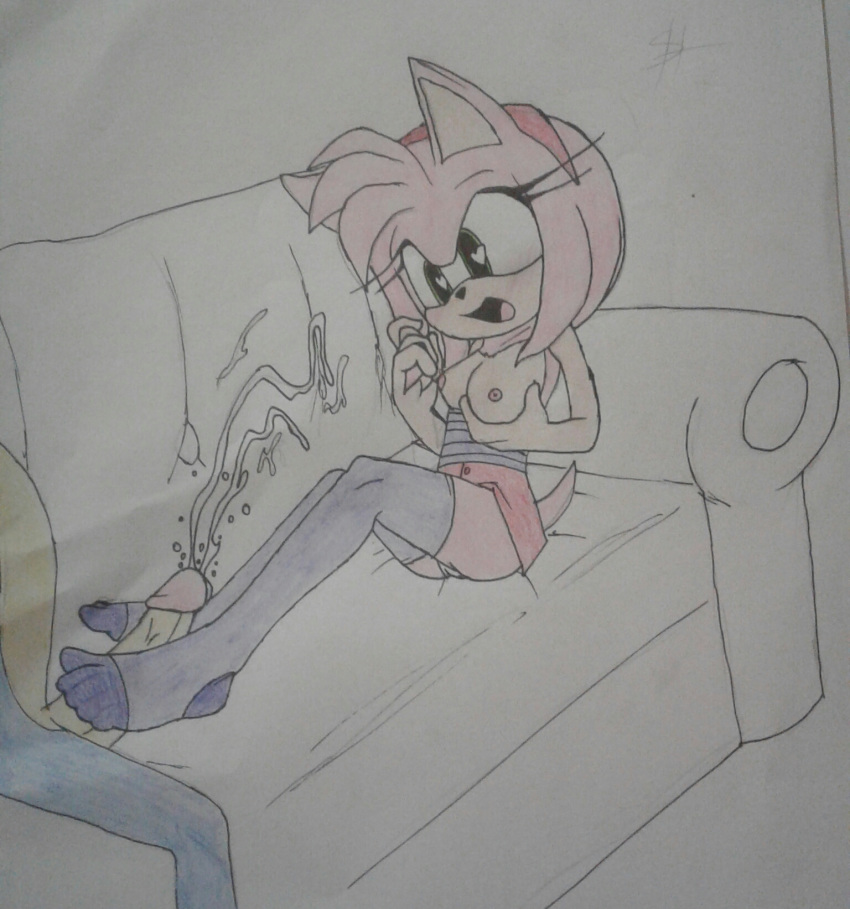 amy_rose couch cum cumshot footjob sonamy sonic_the_hedgehog stockings topless traditional_media