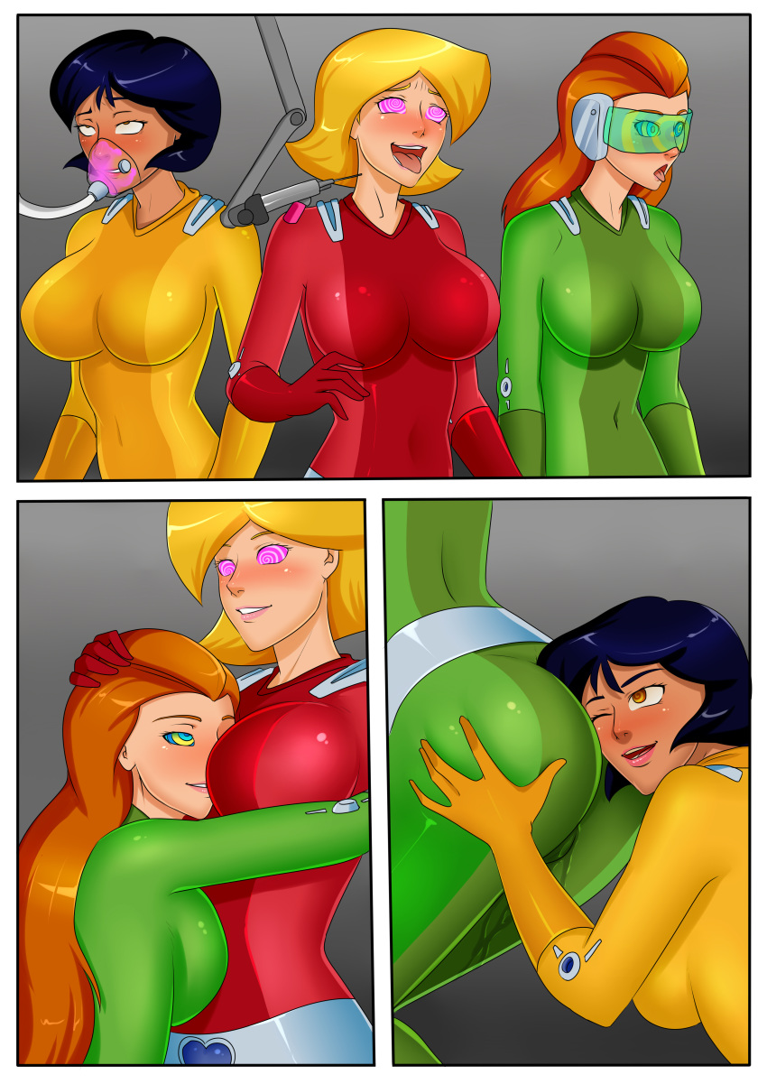 alex_(totally_spies) ass big_breasts bodysuit breasts clover_(totally_spies) comic gas_mask hypnotic_accessory hypnotic_drug injection large_ass long_hair mind_control older older_female oo_sebastian_oo sam_(totally_spies) syringe totally_spies visor young_adult young_adult_female young_adult_woman yuri