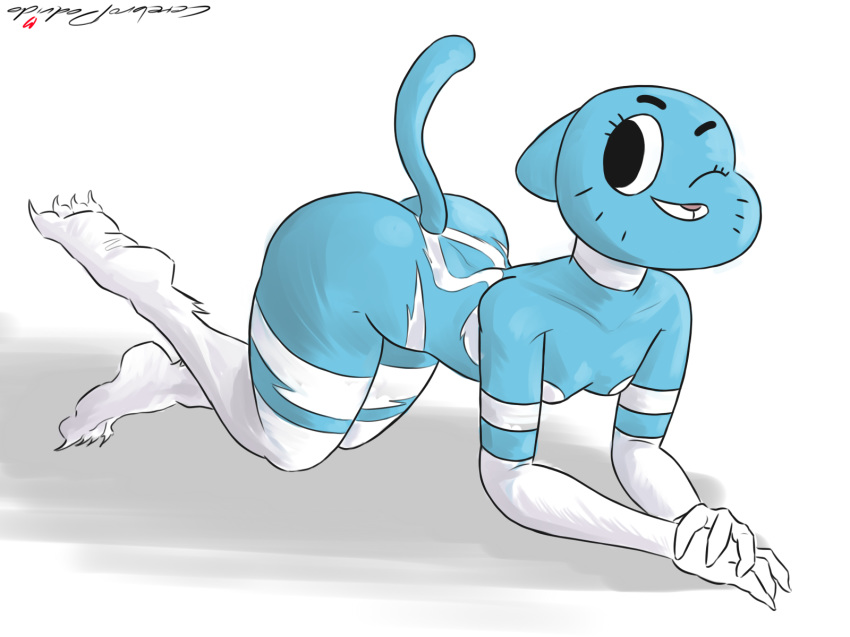 1girl 1girl 2015 anthro cartoon_network cat cerebropodrido claws clothed clothing cosplay darkstalkers digital_media_(artwork) felicia feline furry gloves lingerie looking_at_viewer mammal nicole_watterson one_eye_closed simple_background the_amazing_world_of_gumball video_games whiskers white_background wink