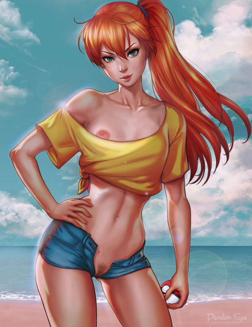 1girl beach breasts dandon_fuga denim denim_shorts green_eyes hand_on_hip kasumi_(pokemon) looking_at_viewer midriff misty nipples no_panties off-shoulder_shirt one_breast_out open_fly outside poke_ball pokemon pussy red_hair short_shorts side_ponytail tied_shirt uncensored