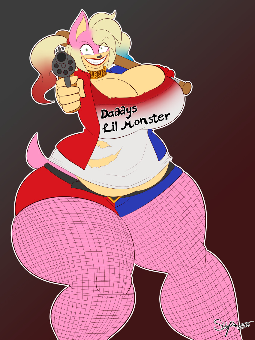 1girl 2016 absurd_res anthro baseball_bat batman_(series) big_breasts breasts cleavage clothed clothing dc dc_comics furry gun harley_quinn hedgehog high_res huge_breasts mammal ranged_weapon smile suicide_squad supersonicrulaa weapon